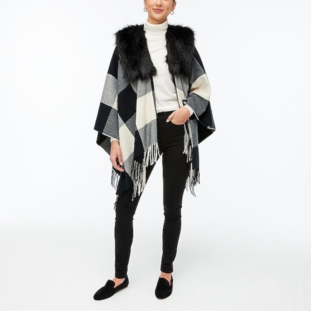 J. Crew Black and White Plaid Poncho Cape with Faux Fur Trim